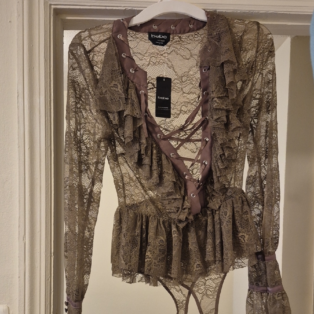 Bebe Brown Lace Ruffle Bodysuit